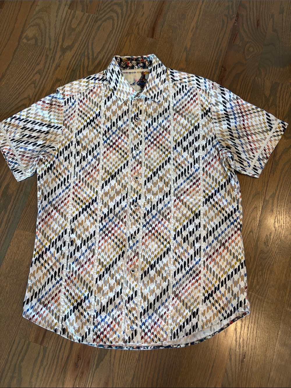 Robert Graham White Short-Sleeve Multicolor Diamond-Print Button-Down
